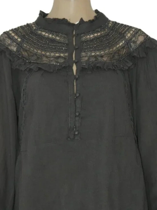Anthropologie Lace Trim Beaded Button Long Sleeve Gray Ruffle Tunic Top L 12 - Picture 5 of 5